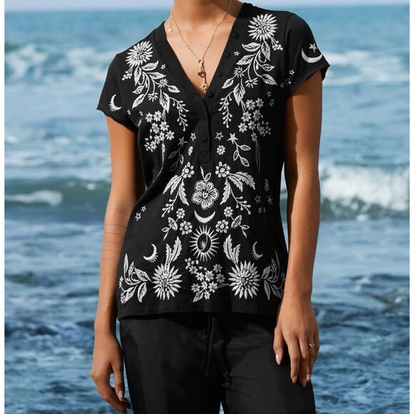 Johnny Was Tops - Johnny Was Dark Grey Oleander Embroidered Button Neck Knit Boho Tee Top